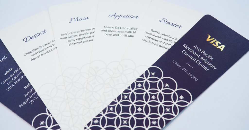 Fan menu cards for Visa Event with holographic accents