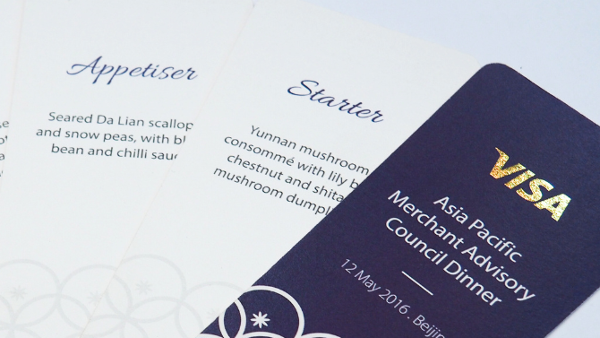 Fan menu cards for Visa Event with holographic accents